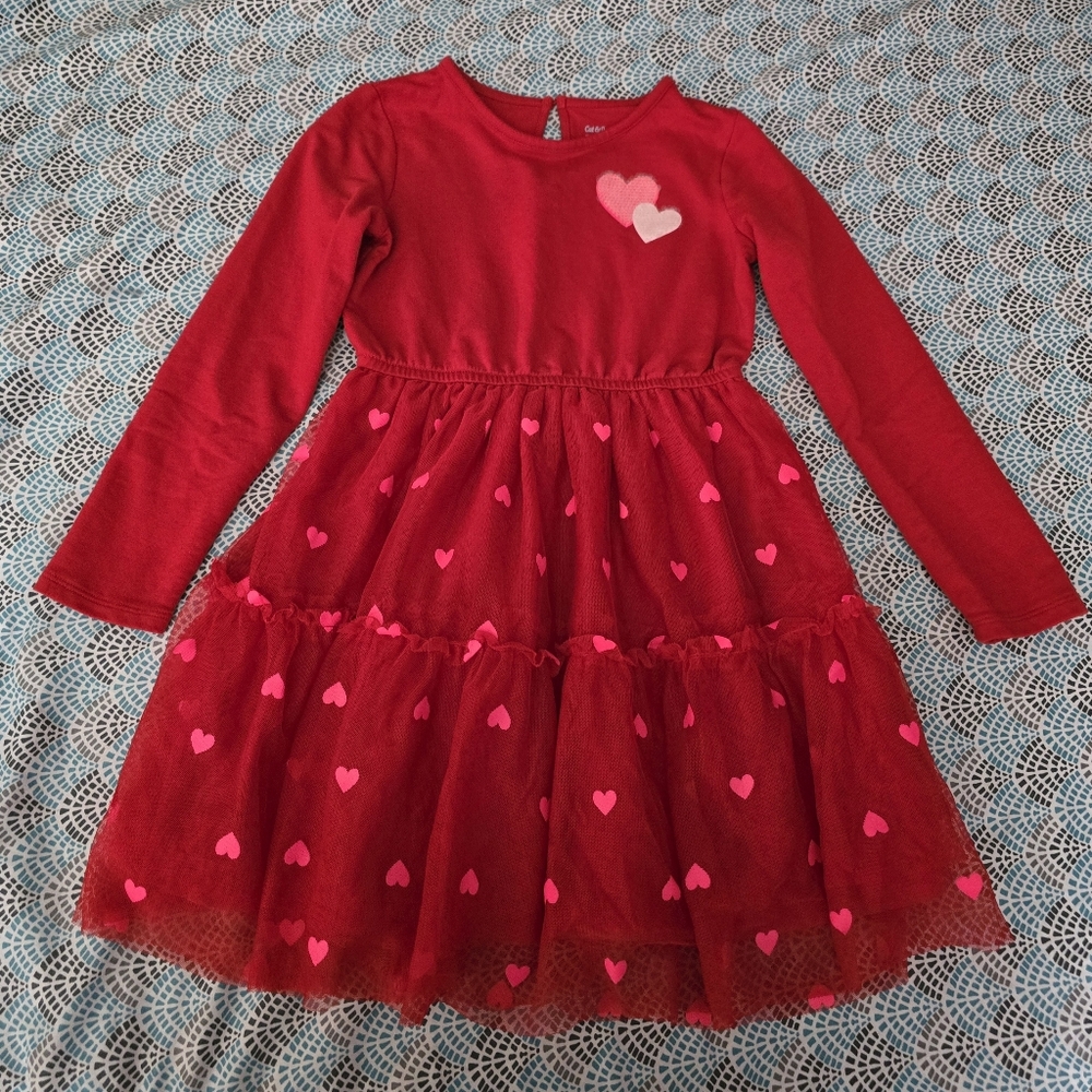 Cat & Jack Red Long-Sleeve Tulle Dress with Pink Heart Accents